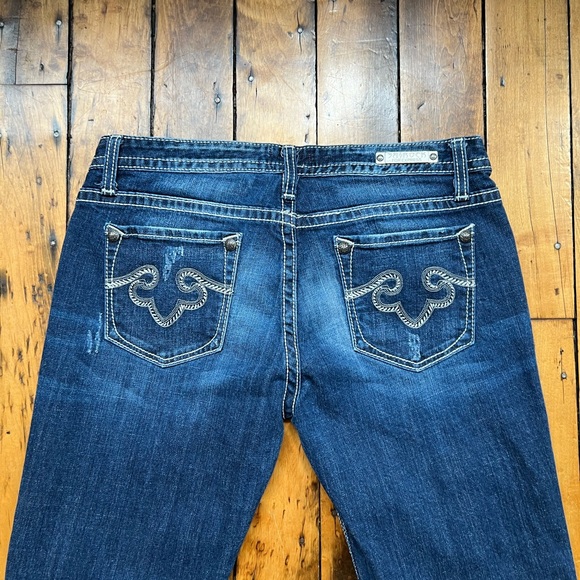 Rerock Express Womens 12 Low Rise Boot Cut Jeans Dark Wash Embroidered Y2K 32x30 - Picture 9 of 13